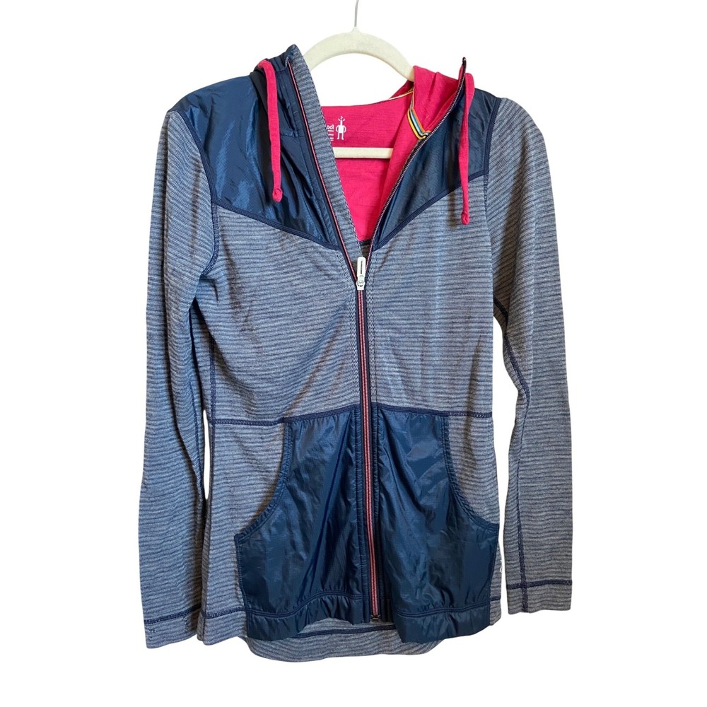 Smartwool Womens Merino Wool Full Zip Hoodie Blue Pink Striped SW015095 Size M
